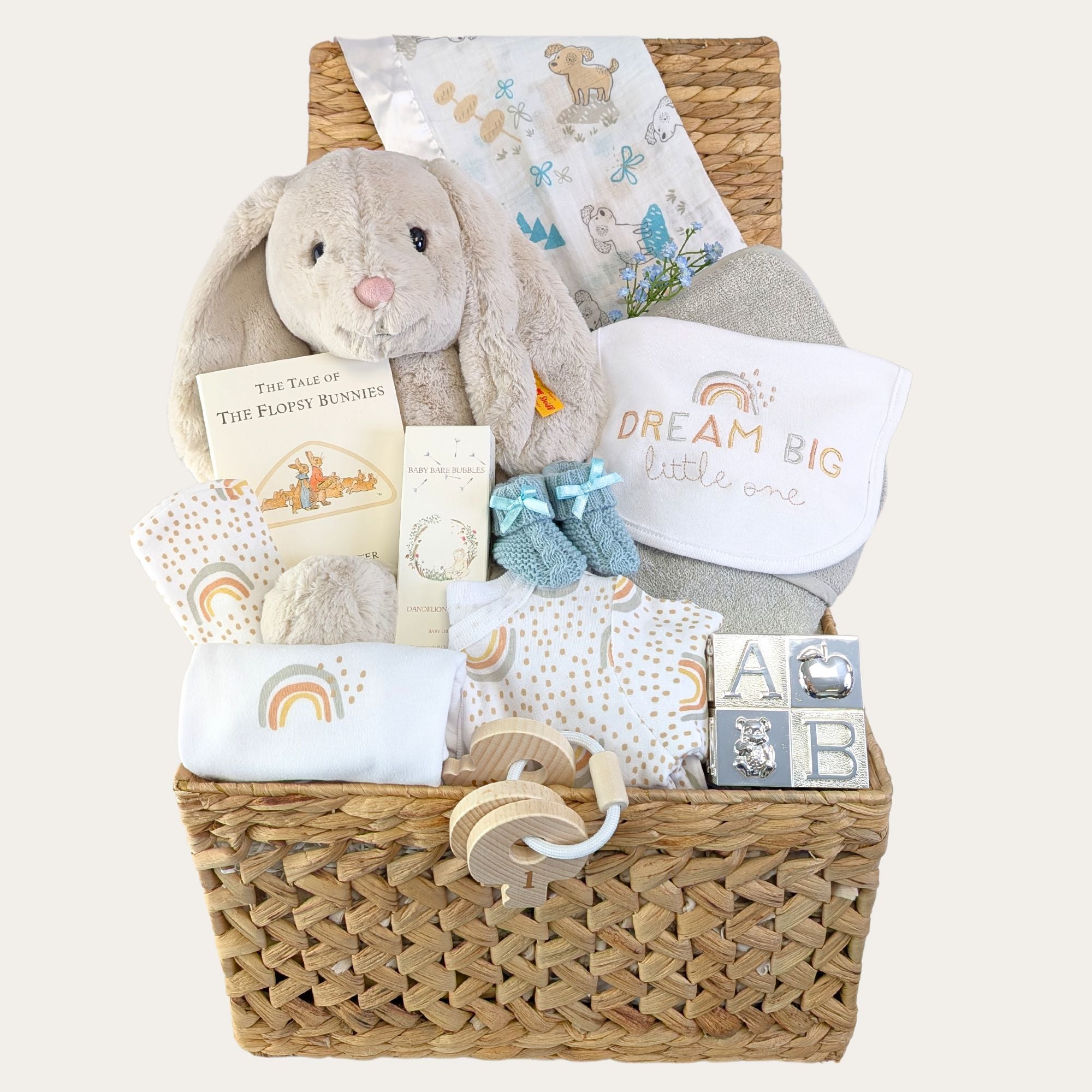 Baby boy gift basket with clothing set and large steiff bunny rabbit bumbles and boo