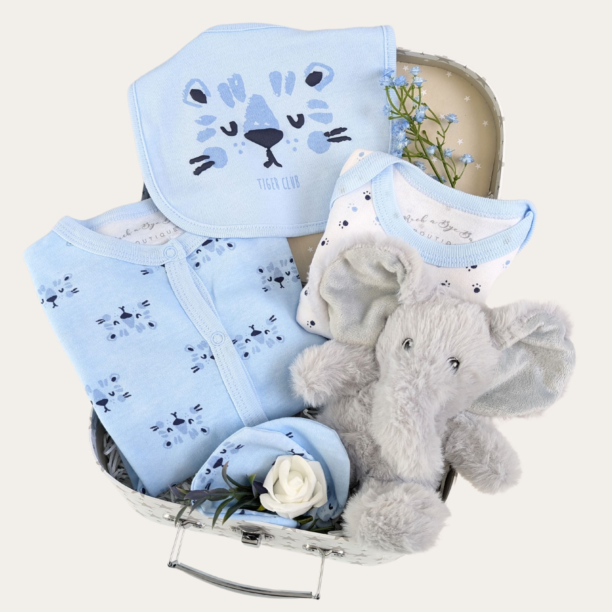 baby boy gifts keepsake trunk with a tiger cub blue baby boy clothing set and a grey elephant