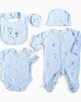 Baby boy clothing set blue with balloons pattern.