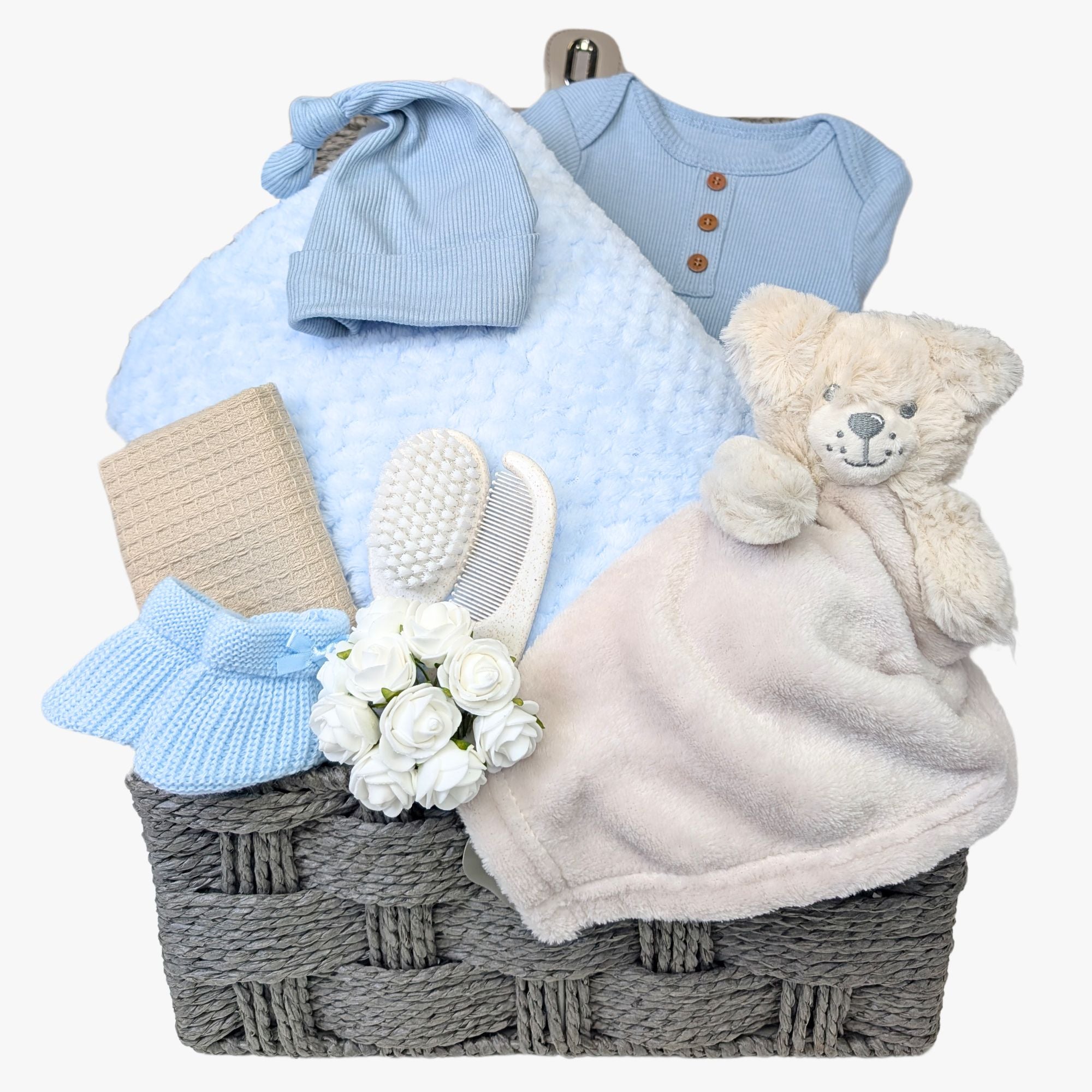 baby boy gift basket with blanket, clothing, puppy comforter ad brush and comb set. Bumbles ad Boo.