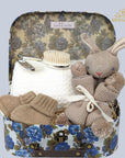 baby boy gift hamper with bridgerton theme. Includes bunny comforter, silver brush and comb, cashmere booties and baby blaket