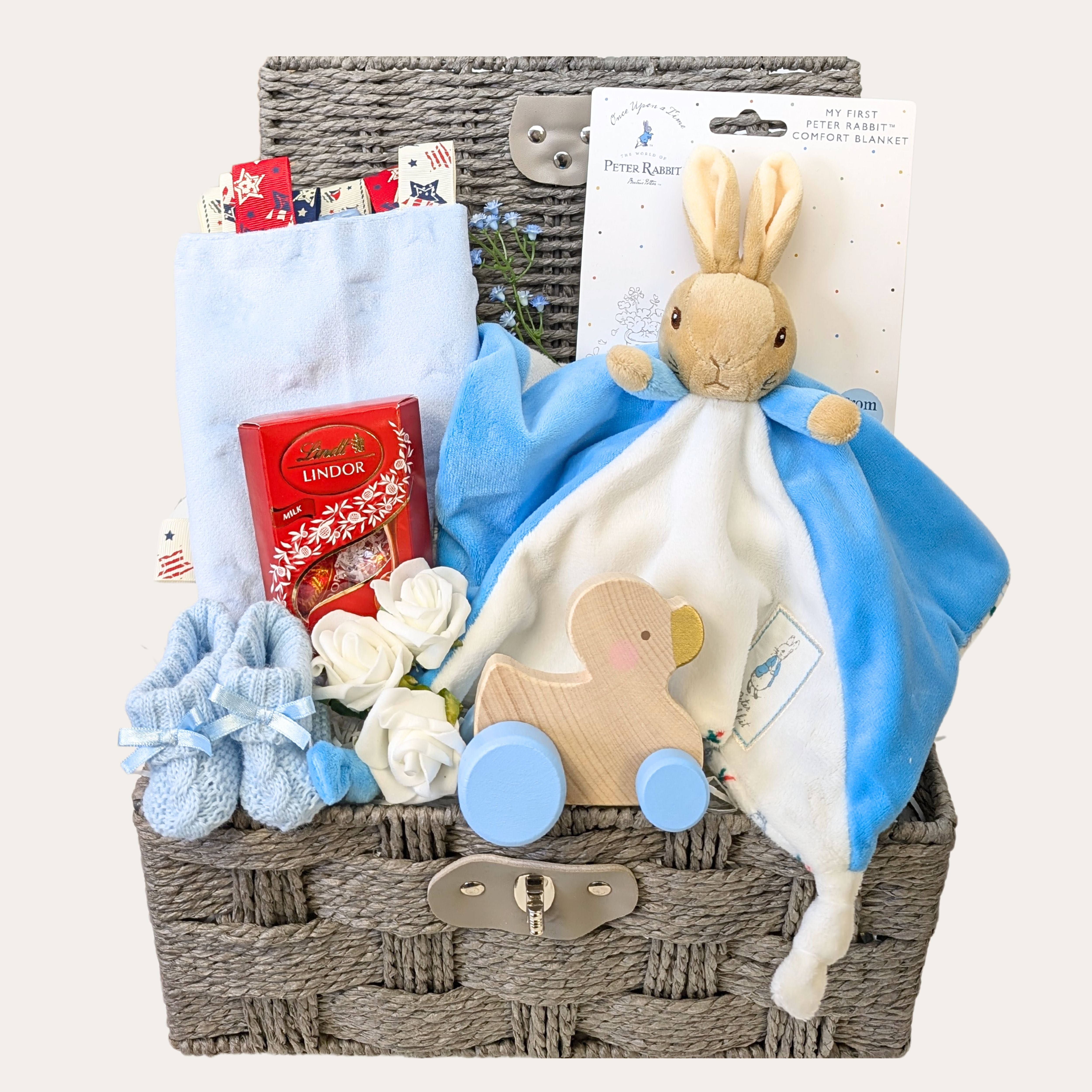 Baby boy gifts basket – Peter Rabbit comforter hamper with soft newborn essentials – Bumbles and Boo.