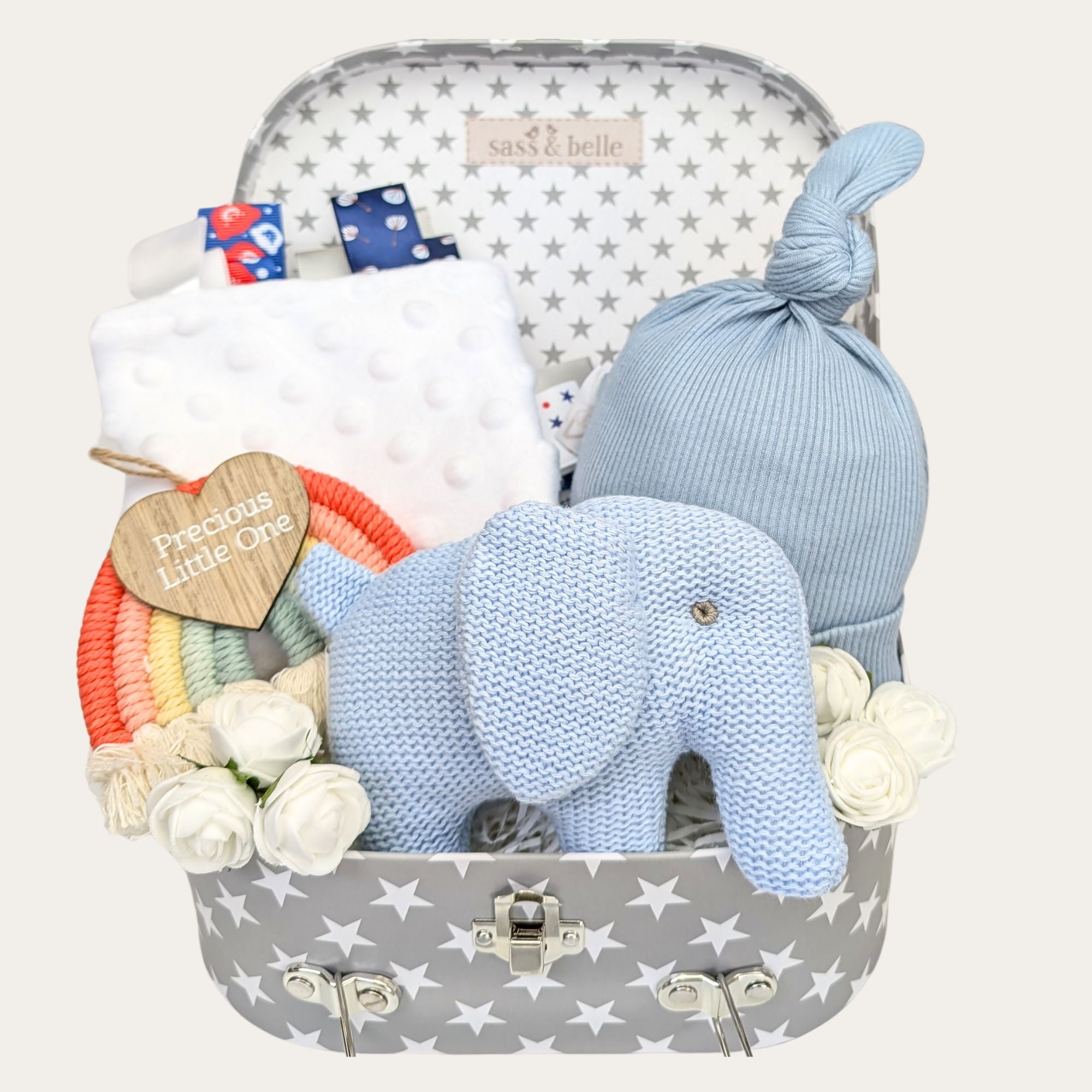 Baby boy gift hamper with hat, organic elephant, blanket and nursery plaque. Bumbles and Boo.