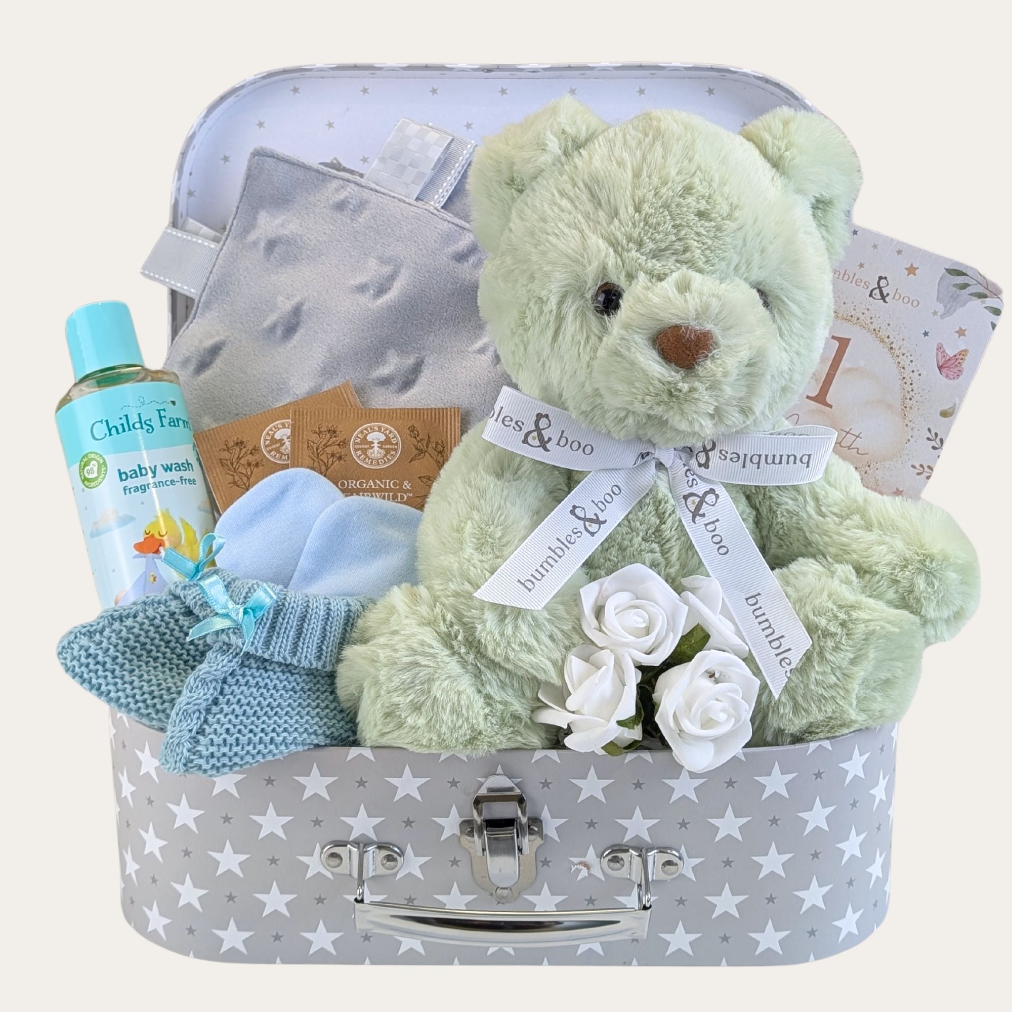 baby boy  gifts hamper trunk with teddy bear and taggie sensory blanket