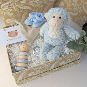 New baby boy gifts box with presents including pale blue seafoam monkey and wooden stacking toy.