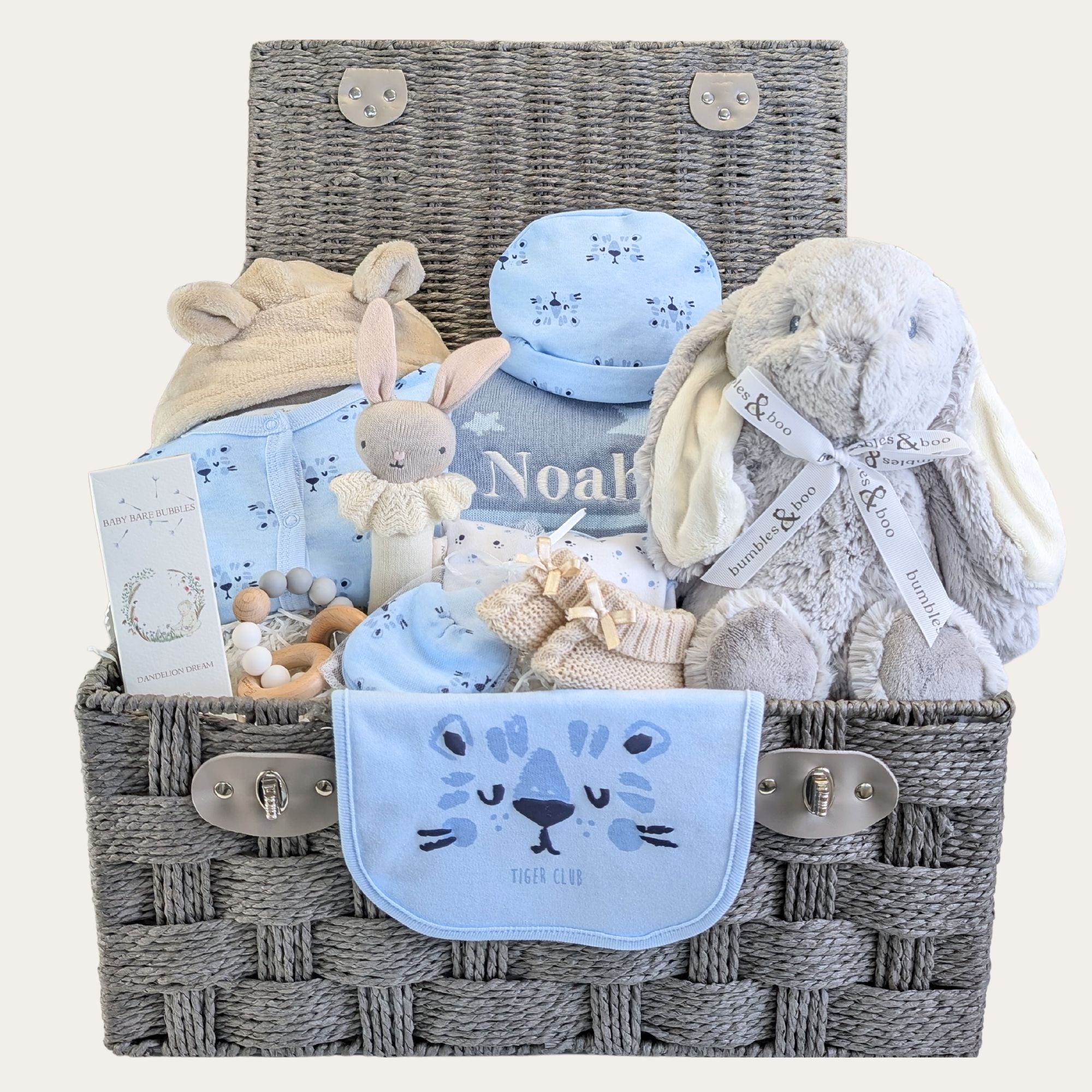 Personalised baby boy gifts hamper with gifts including bunny and newborn clothes set.