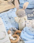 personalised baby boy hamper with bunny and clothing set.