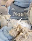 personalised baby boy hamper with bunny and clothing set.