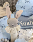 personalised baby boy hamper with bunny and clothing set.