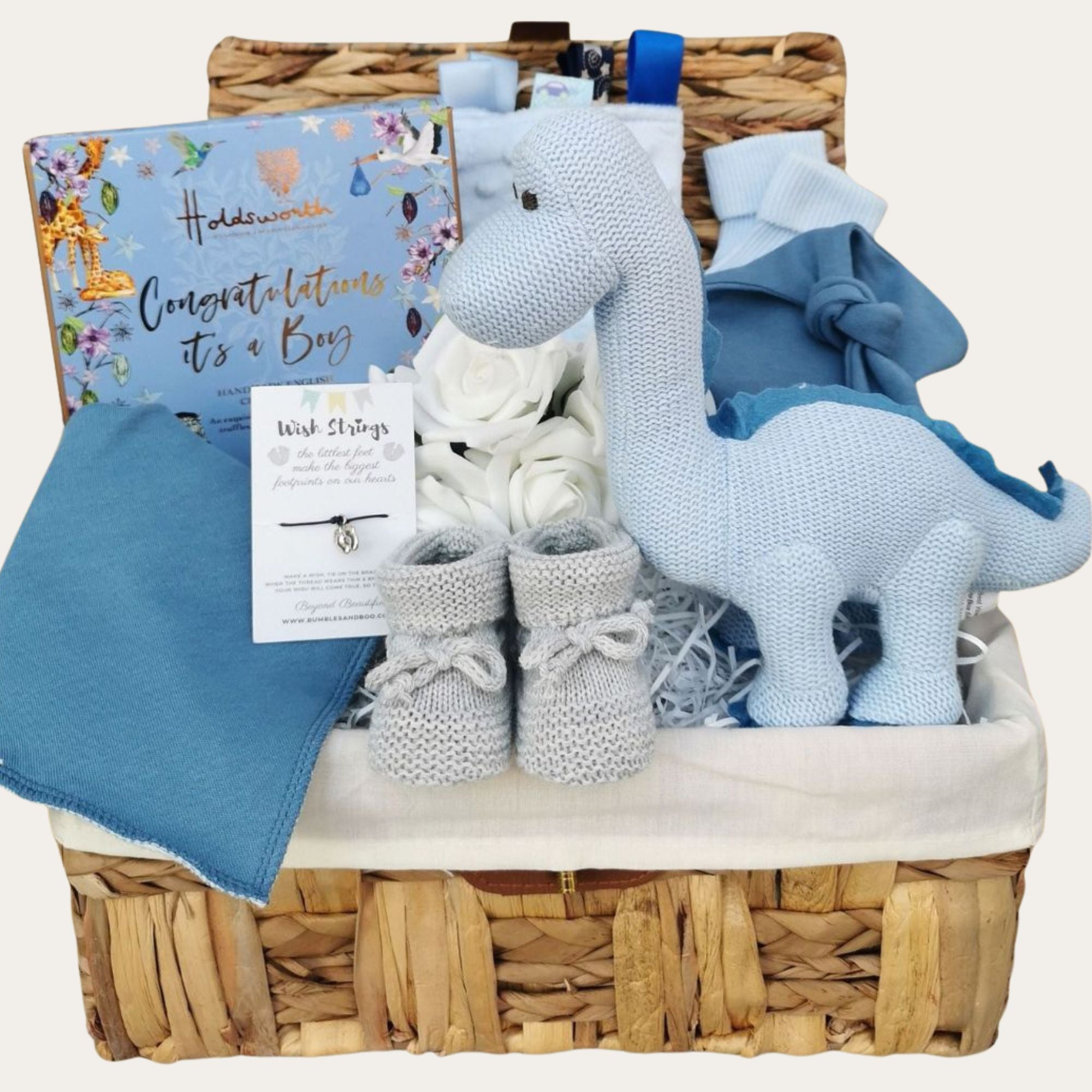 Baby boy gifts hamper with blue dinosaur and congratulations it's a boy chocolates.