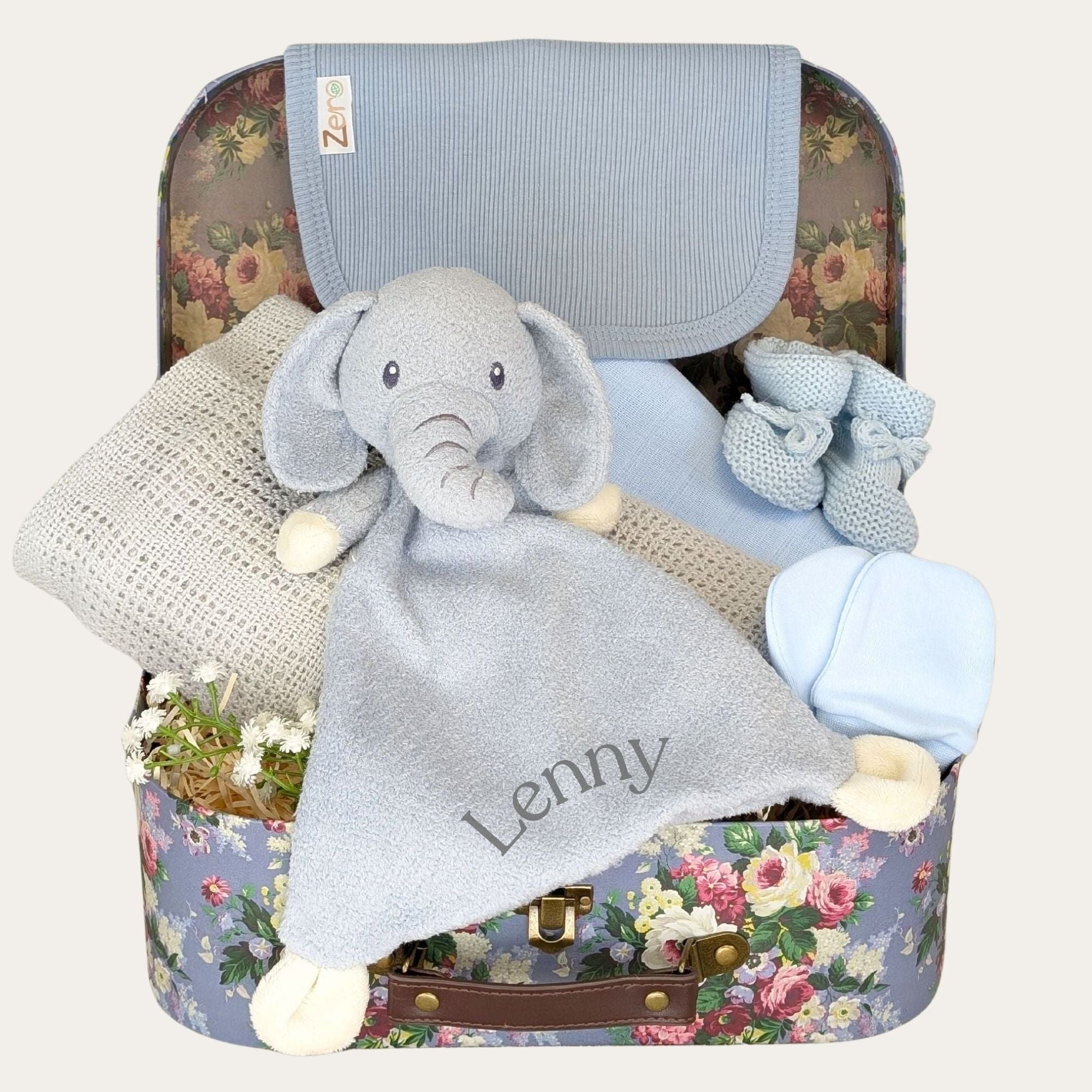 baby boy gifts hamper trunk with elephant comforter and baby blanket