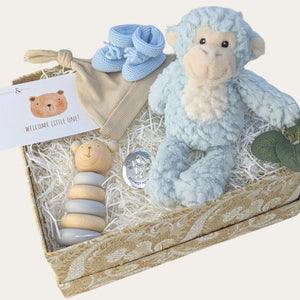 New baby boy gifts box with presents including pale blue seafoam monkey soft toy and wooden stacker toy.