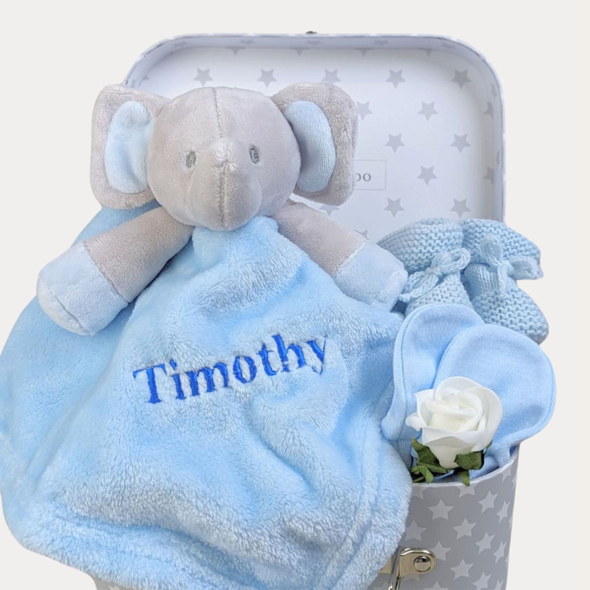 Personalised baby boy hamper with elephant comforter, baby mittens, baby booties gifts.