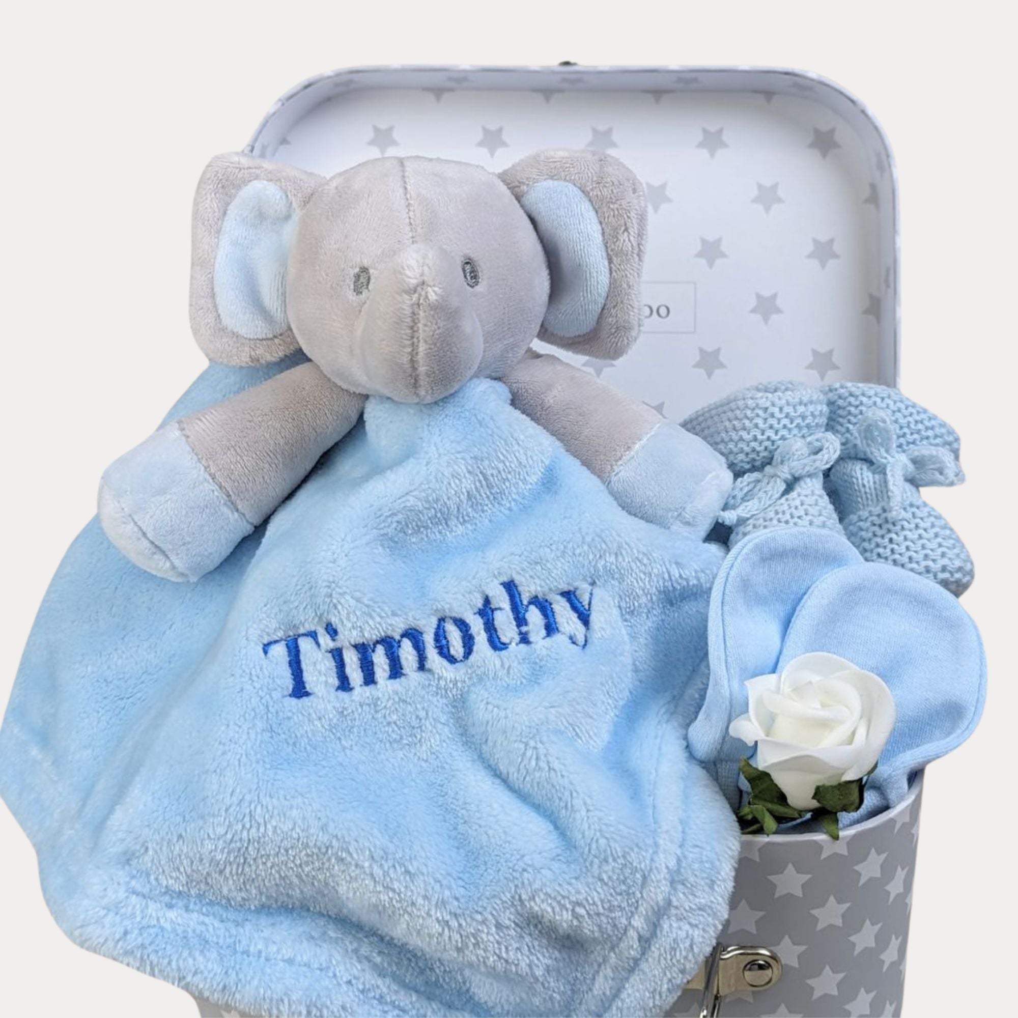 Personalised baby boy hamper with elephant comforter, baby mittens, baby booties gifts.