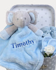 Personalised baby boy hamper with elephant comforter, baby mittens, baby booties gifts.