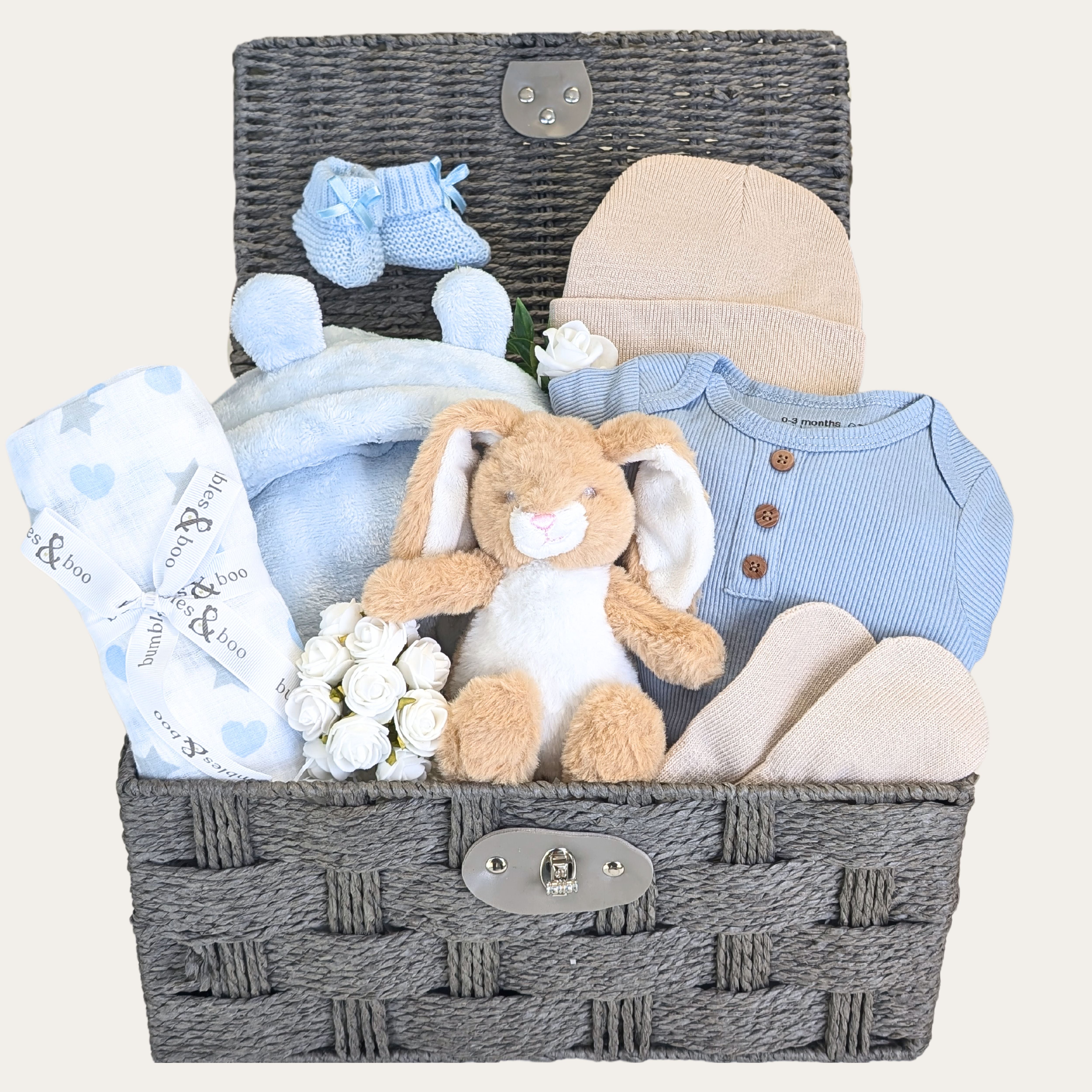 baby boy hamper with blue dressing gown baby hat and mittens bunny soft toy and muslin square bumbles and boo