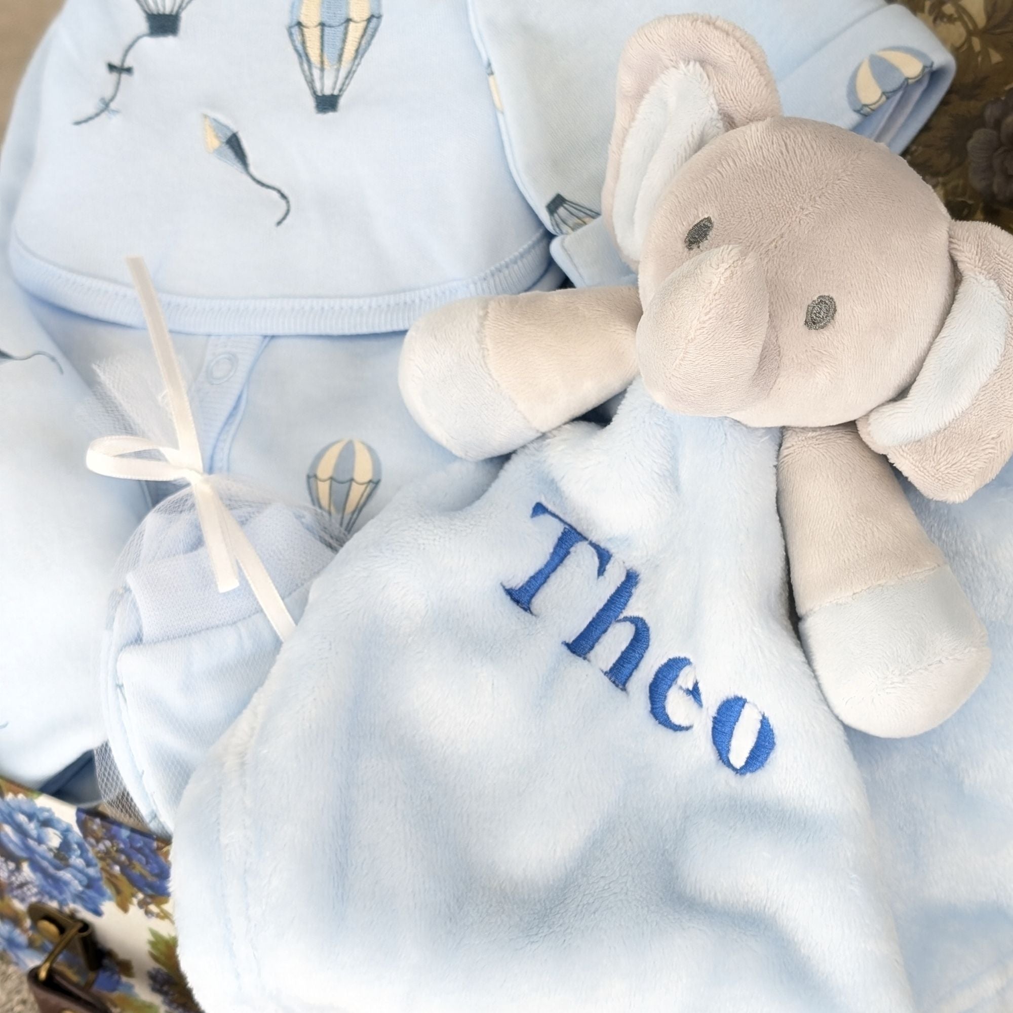 baby boy elephant comforter with personalised name in embroidery 