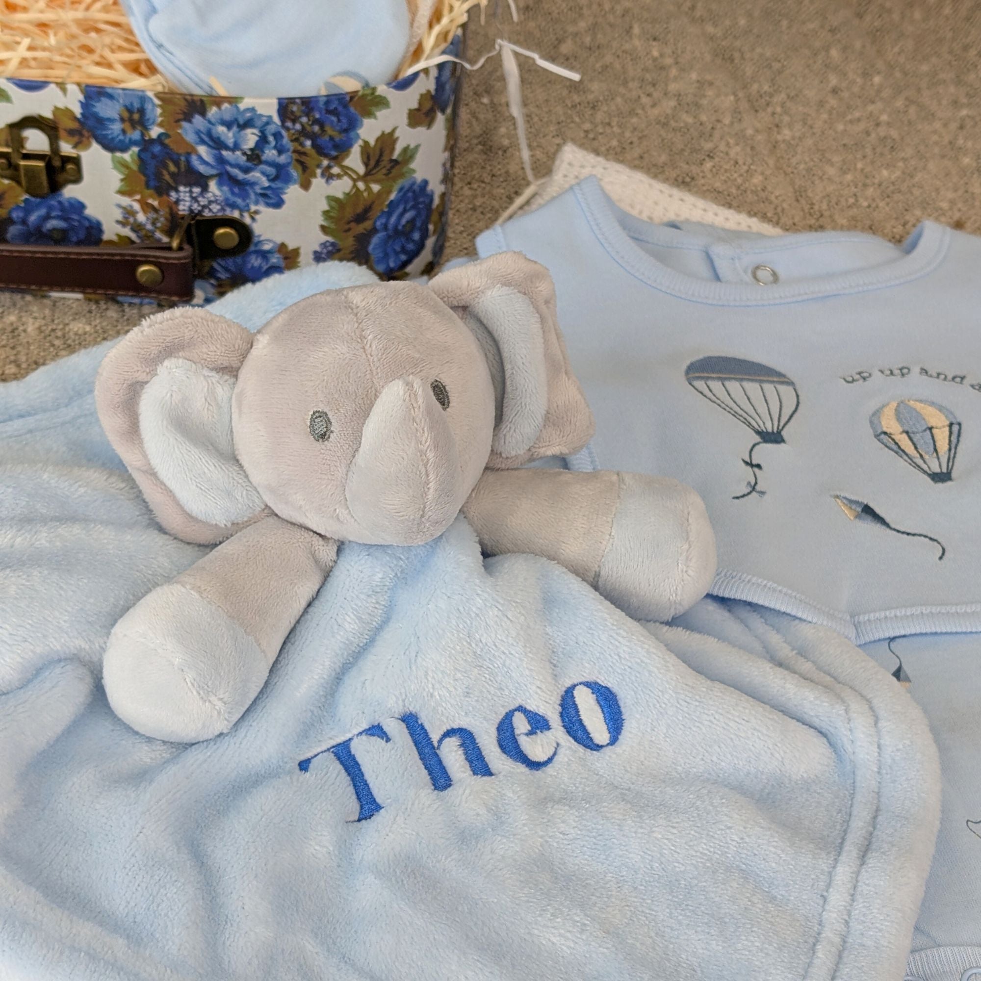 personalised blue elephant comforter soft toy for a baby