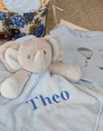 personalised blue elephant comforter soft toy for a baby