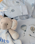 baby boy clothing set with balloons and reads up, up and away 