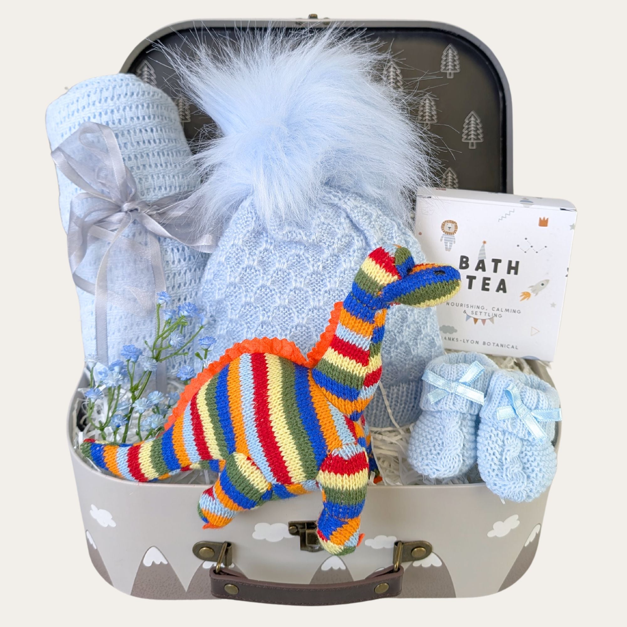 Baby Boy Hamper Trunk Organic Stripey Dinosaur & Blanket