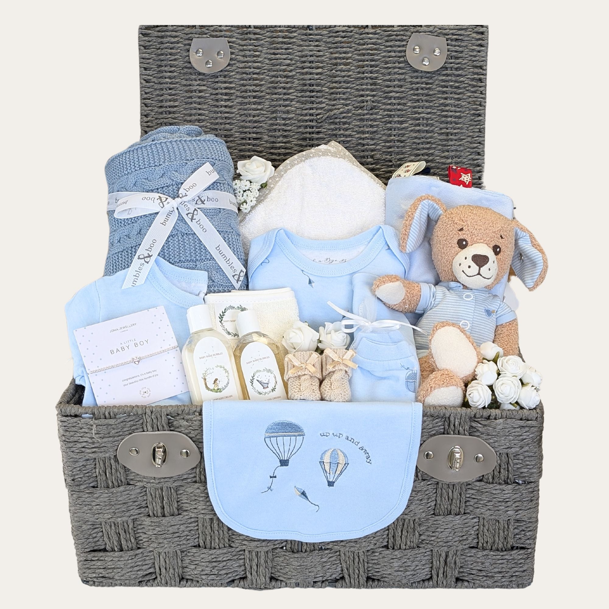 Baby boy gifts hamper with steiff puppy soft toy and blue newborn baby clothing set.