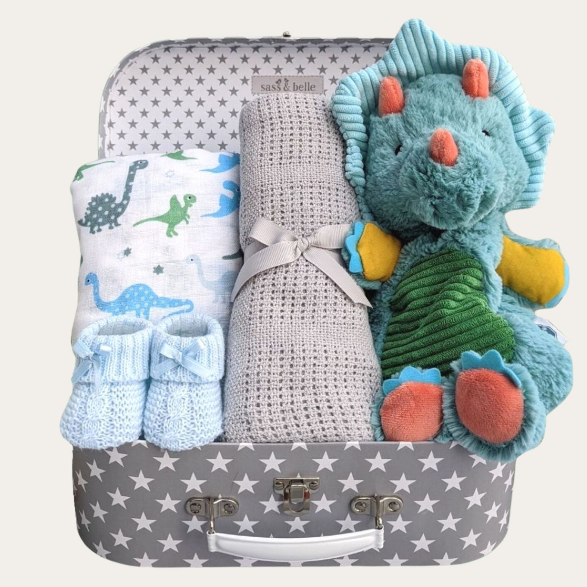 baby boy gifts hamper trunk with dinosaur soft toy, grey cellular blanket, muslin and baby booties.