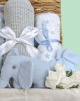 Baby Boy Gifts Hamper with Organic Elephant Rattle, grey cellular blanket, blue taggie and star muslin.