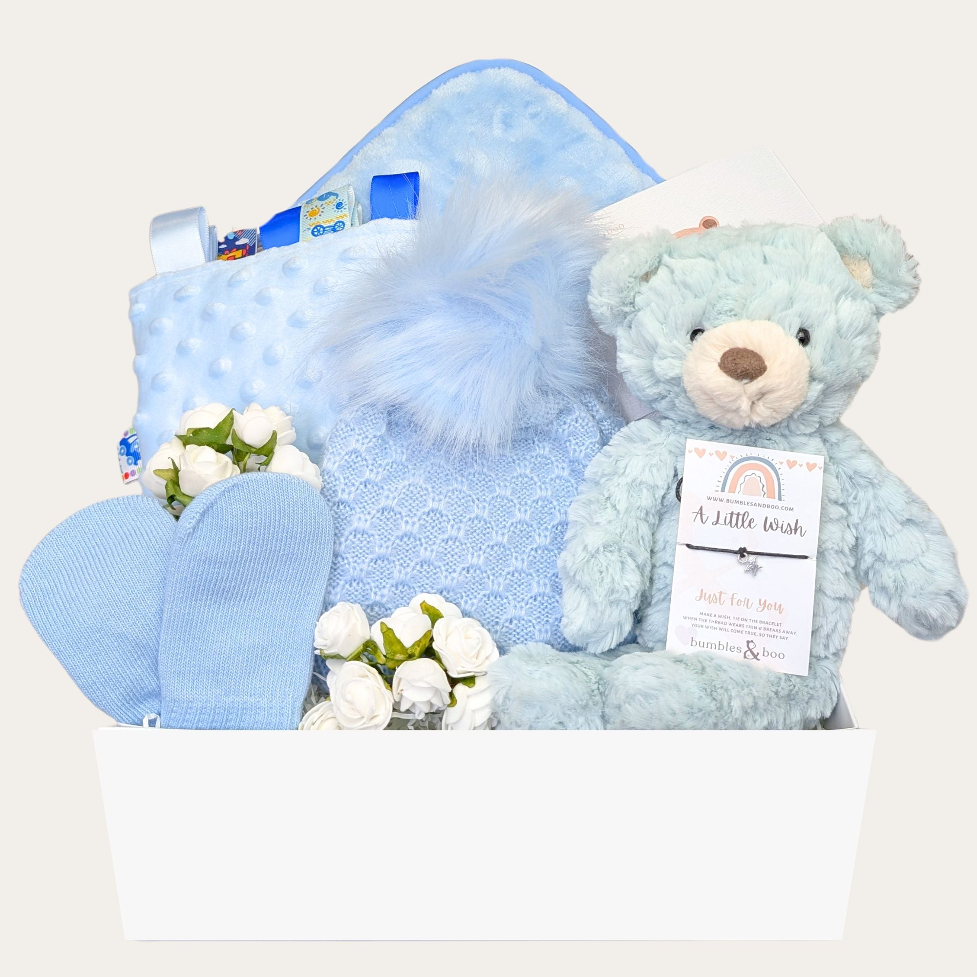 Baby shower gift for a mummy-to-be with a Seafoam Teddy Bear, hooded towel, personalised comforter, blue mittens, pompom hat, and Little Wishes bracelet. Perfect for a baby boy.