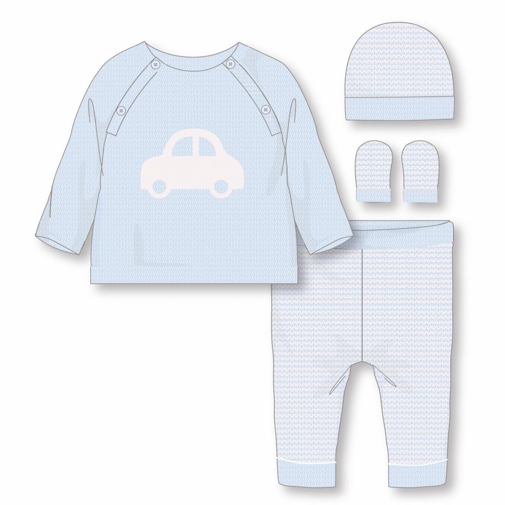 Blue knit outfit set.  White car on long sleeve top.  striped white and blue trousers, beany hat and mittens