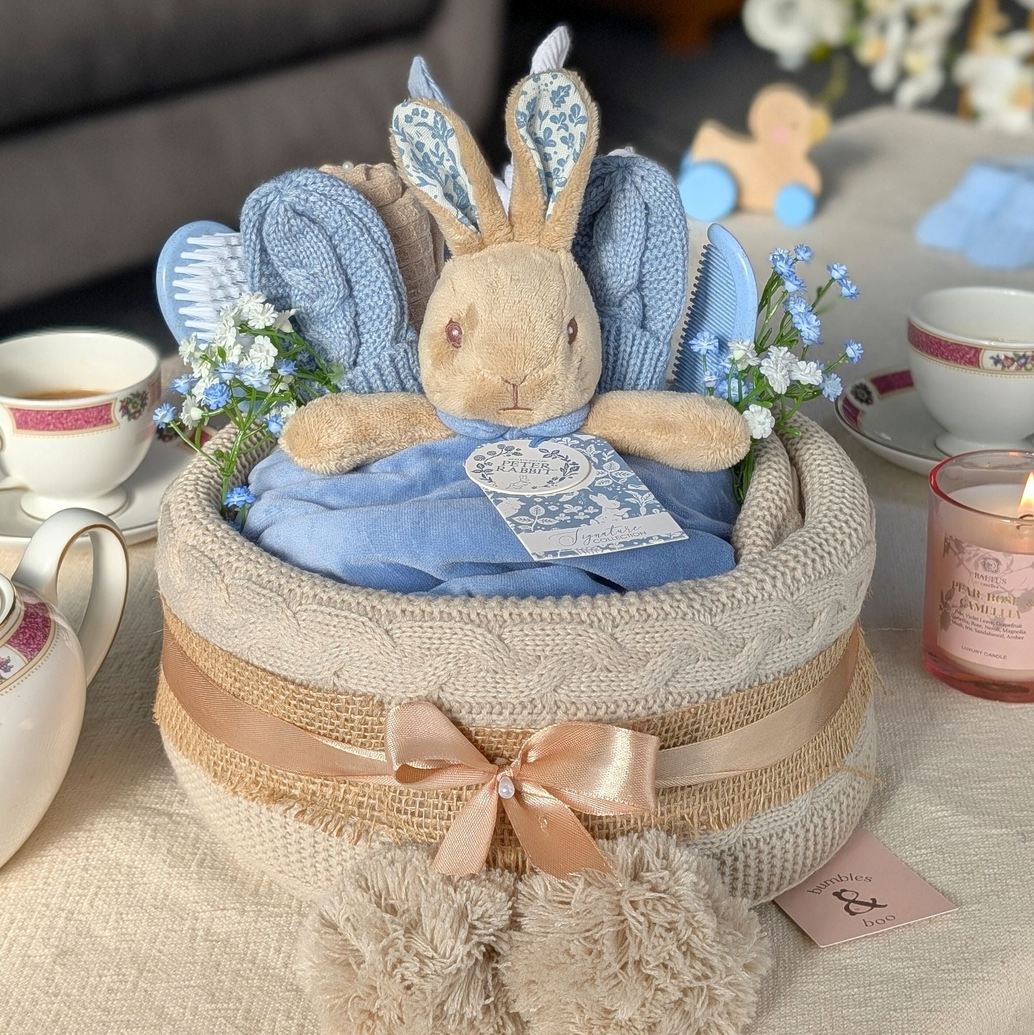 baby boy nappy cake with a peter rabbit theme. bumbles and boo.