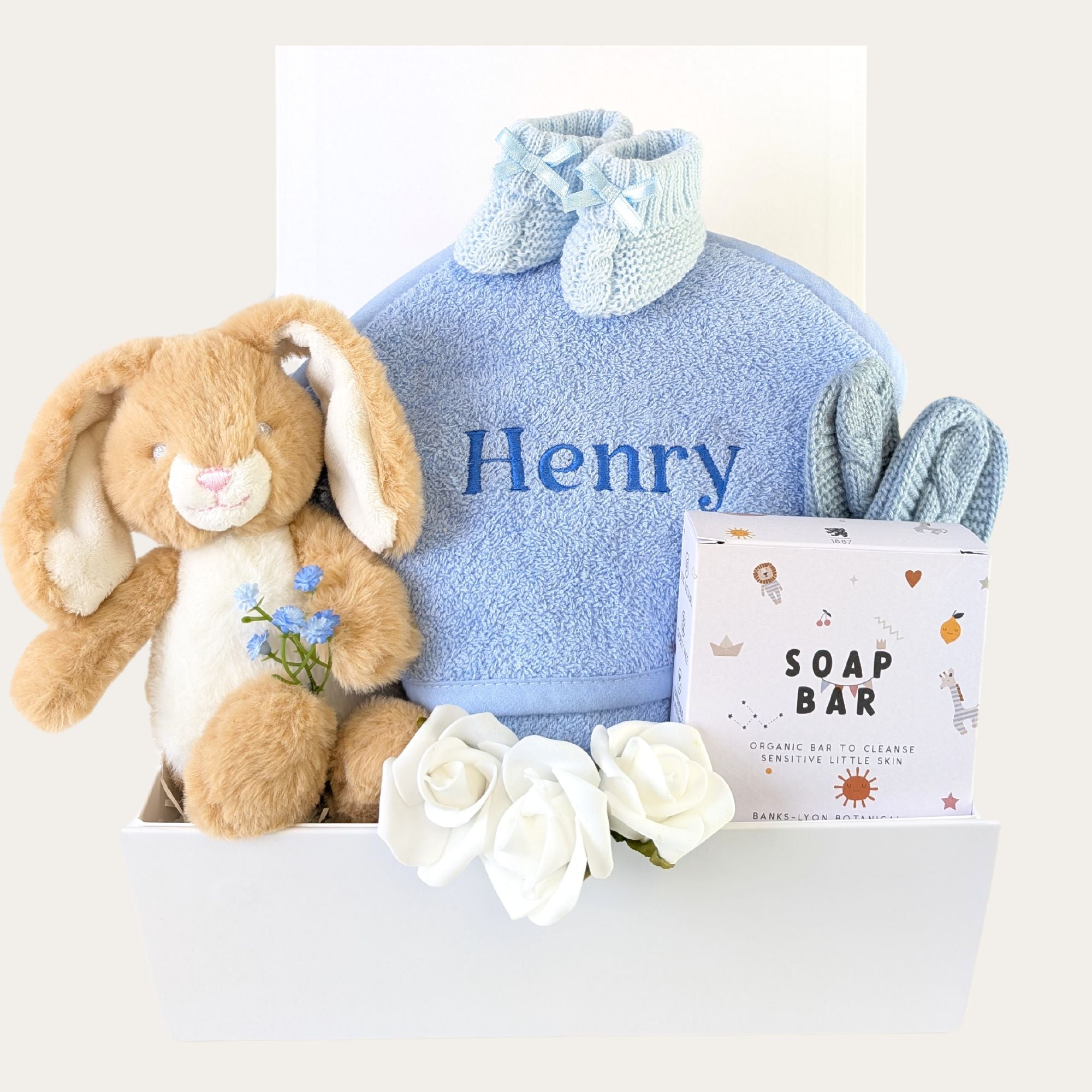 baby boy gifts box with blue hooded bath towel bunny rabbit organic soap bar baby knit mittens and baby booties