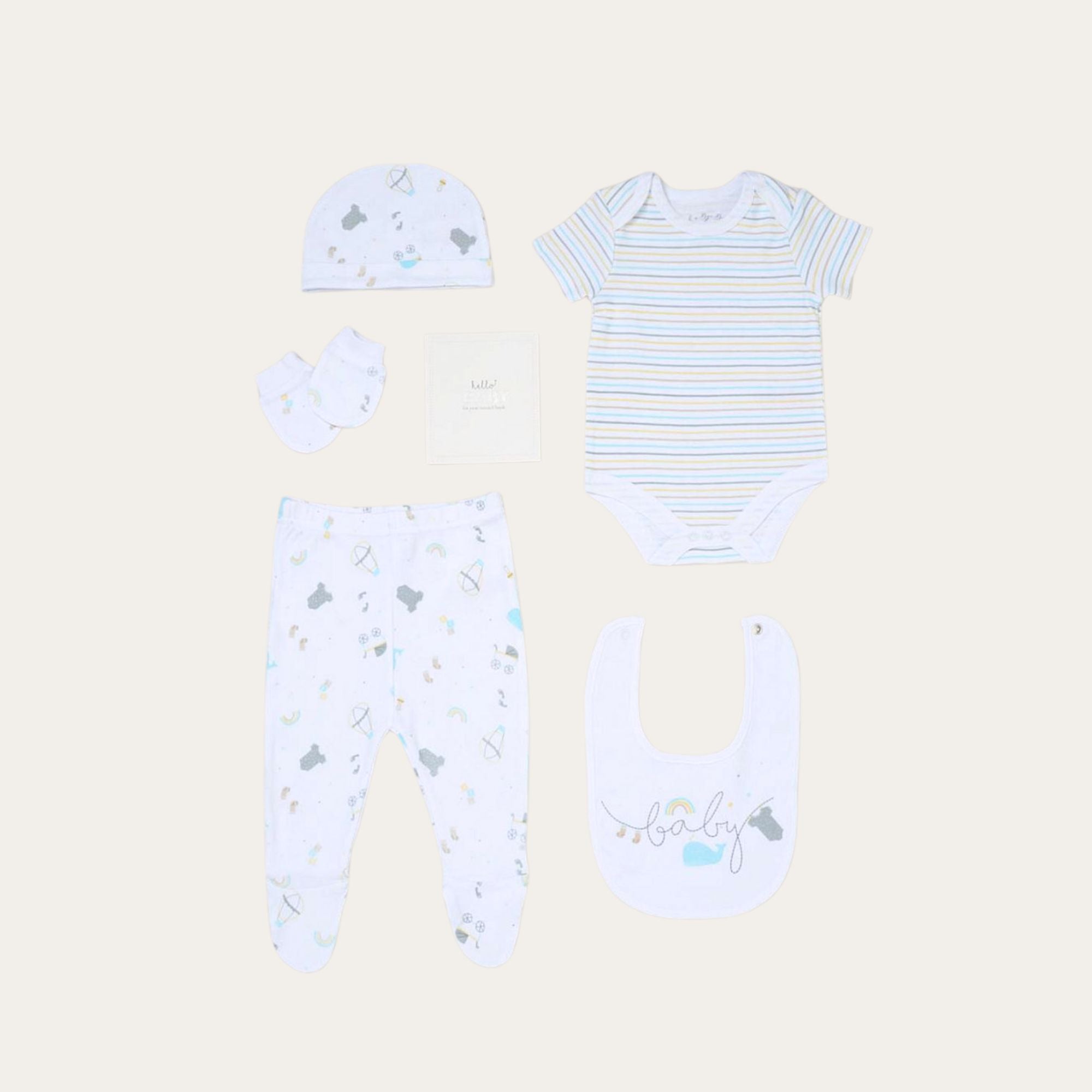 A gift set if unisex baby clothing comprising of trousers, body suit, hat, bib, mittens and boo with a rainbow and whale print