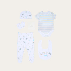 A gift set if unisex baby clothing comprising of trousers, body suit, hat, bib, mittens and boo with a rainbow and whale print