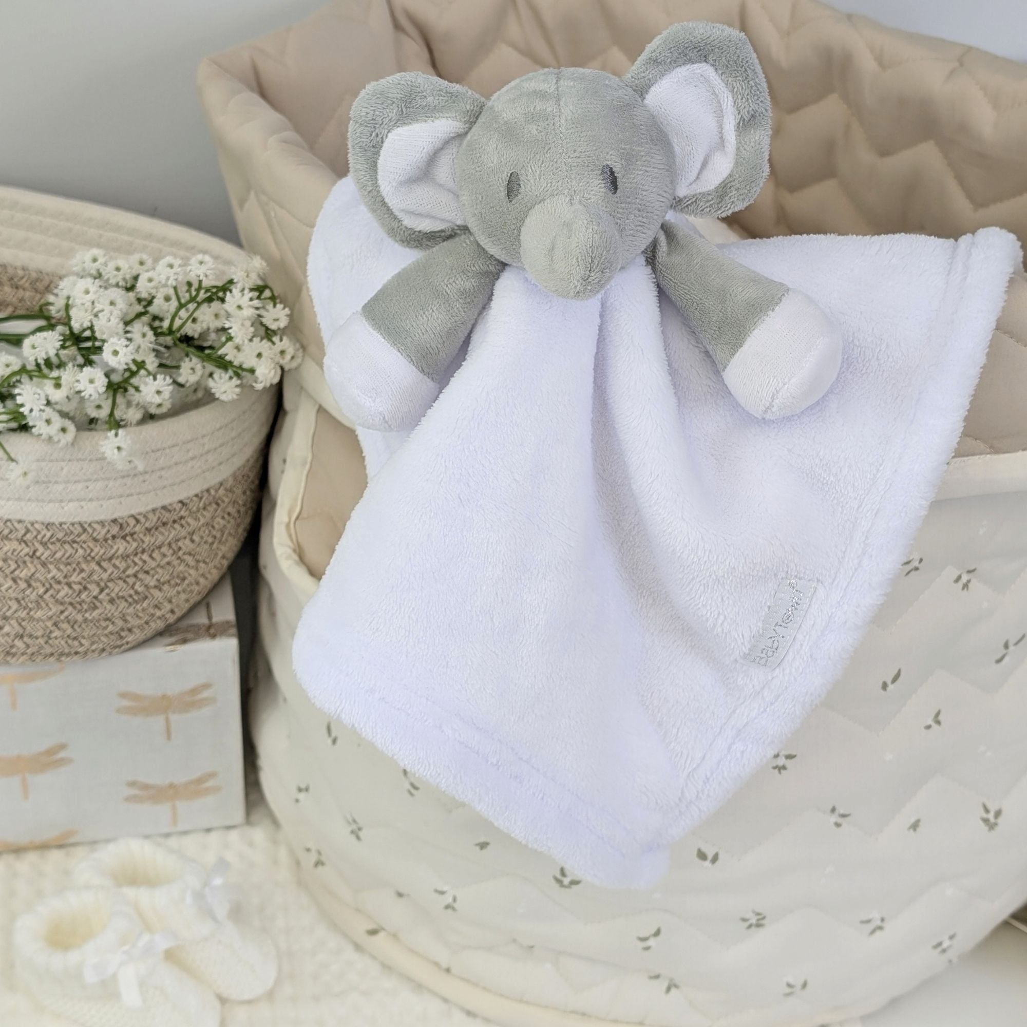 white and grey baby elephant soft toy