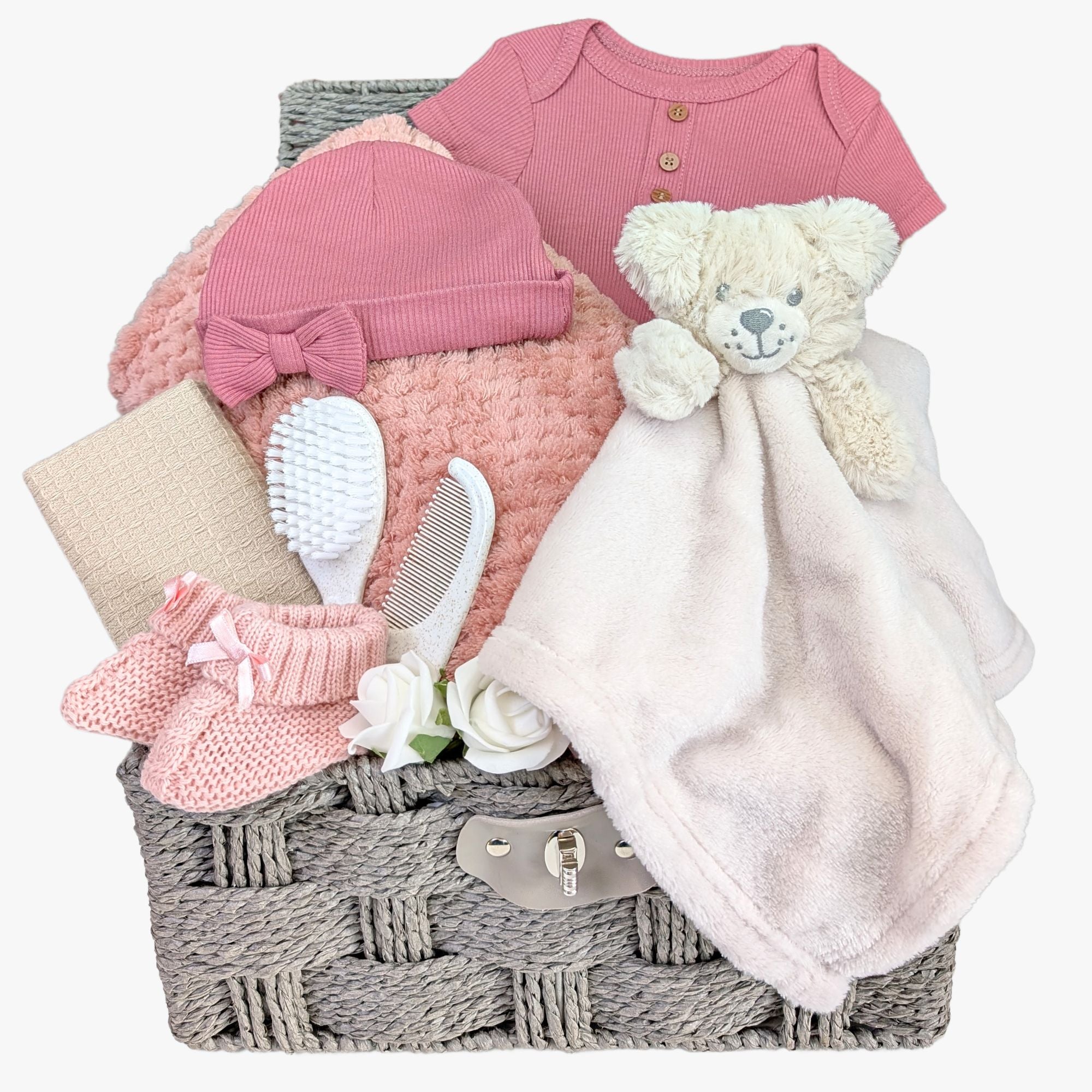 baby girl gift hamper, dusky pinks. Bumbles and Boo.