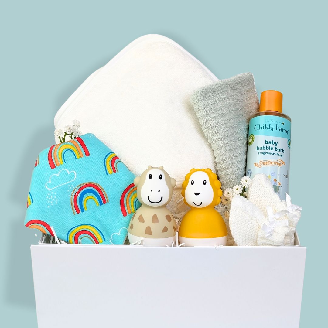 baby gift box bath time giggles which includes hooded towel, organic wash and bathtime toys.