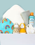 baby gift box bath time giggles which includes hooded towel, organic wash and bathtime toys.