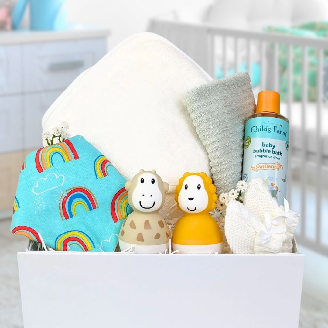 baby gift box bath time giggles which includes hooded towel, organic wash and bathtime toys.