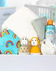 baby gift box bath time giggles which includes hooded towel, organic wash and bathtime toys.