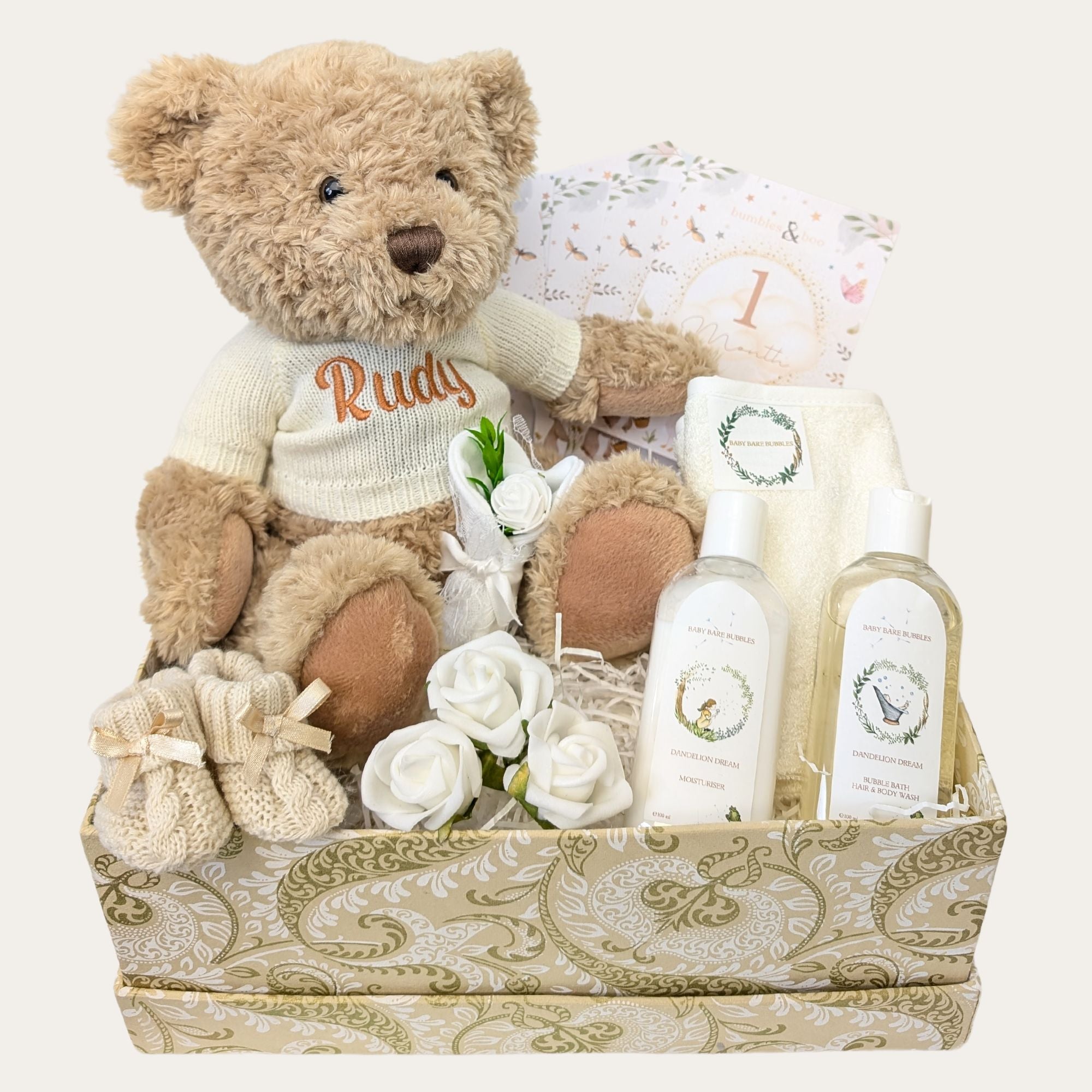 Baby gifts box with personalised teddy. This hamper also contains baby bathing products- by Bumbles & Boo.