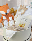 mum and baby gift hamper box with organic me fox, recycled baby blanket, mr tod baby story book and organic baby skincare.