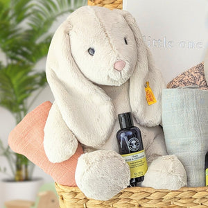 baby girl gifts basket with organic sleepsuit, organic, towel, organic muslin squares and a large steiff bunny.