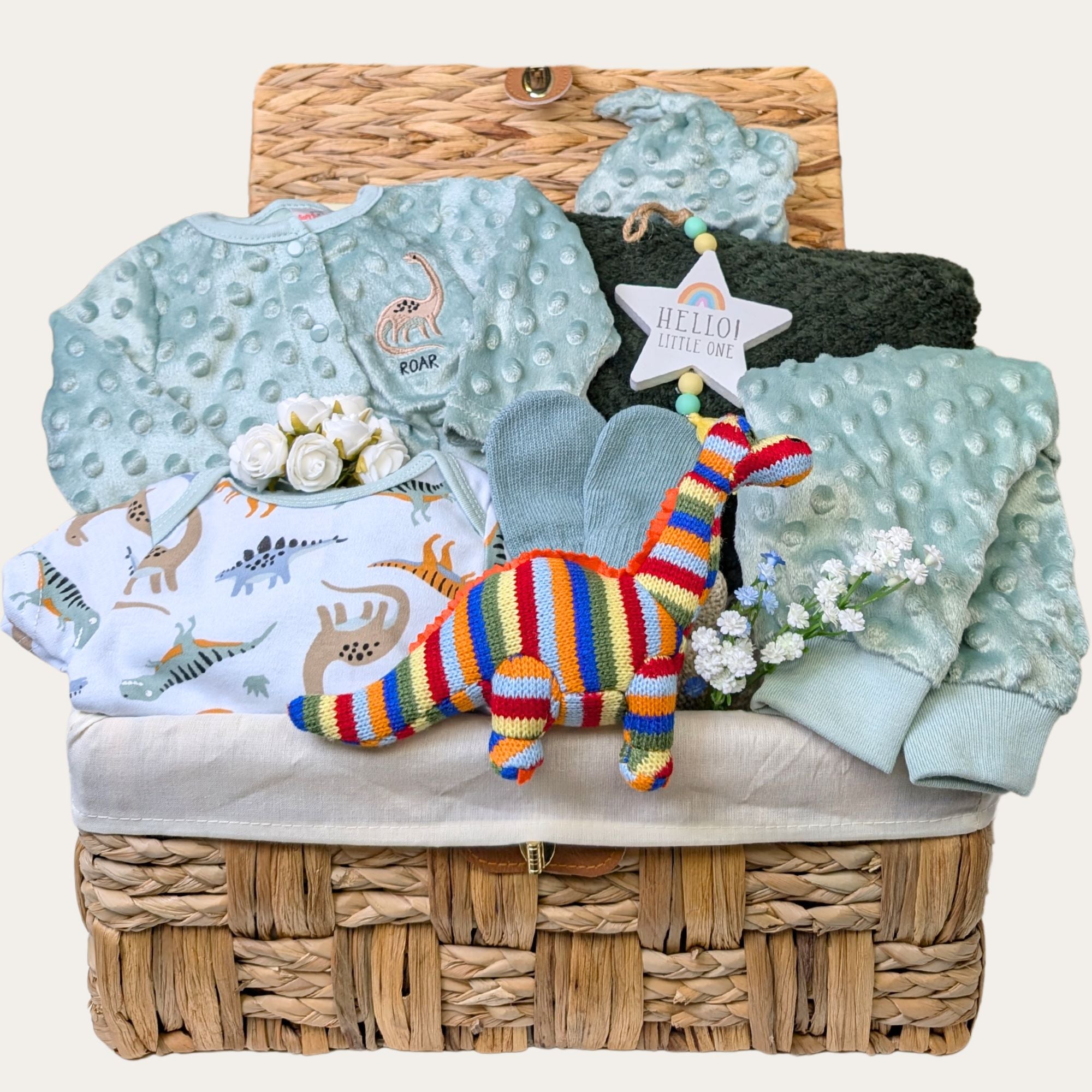 New Baby Gift Basket, Dinosaur Themed Baby Clothing, Organic Knit Rattle & Cosy Blanket