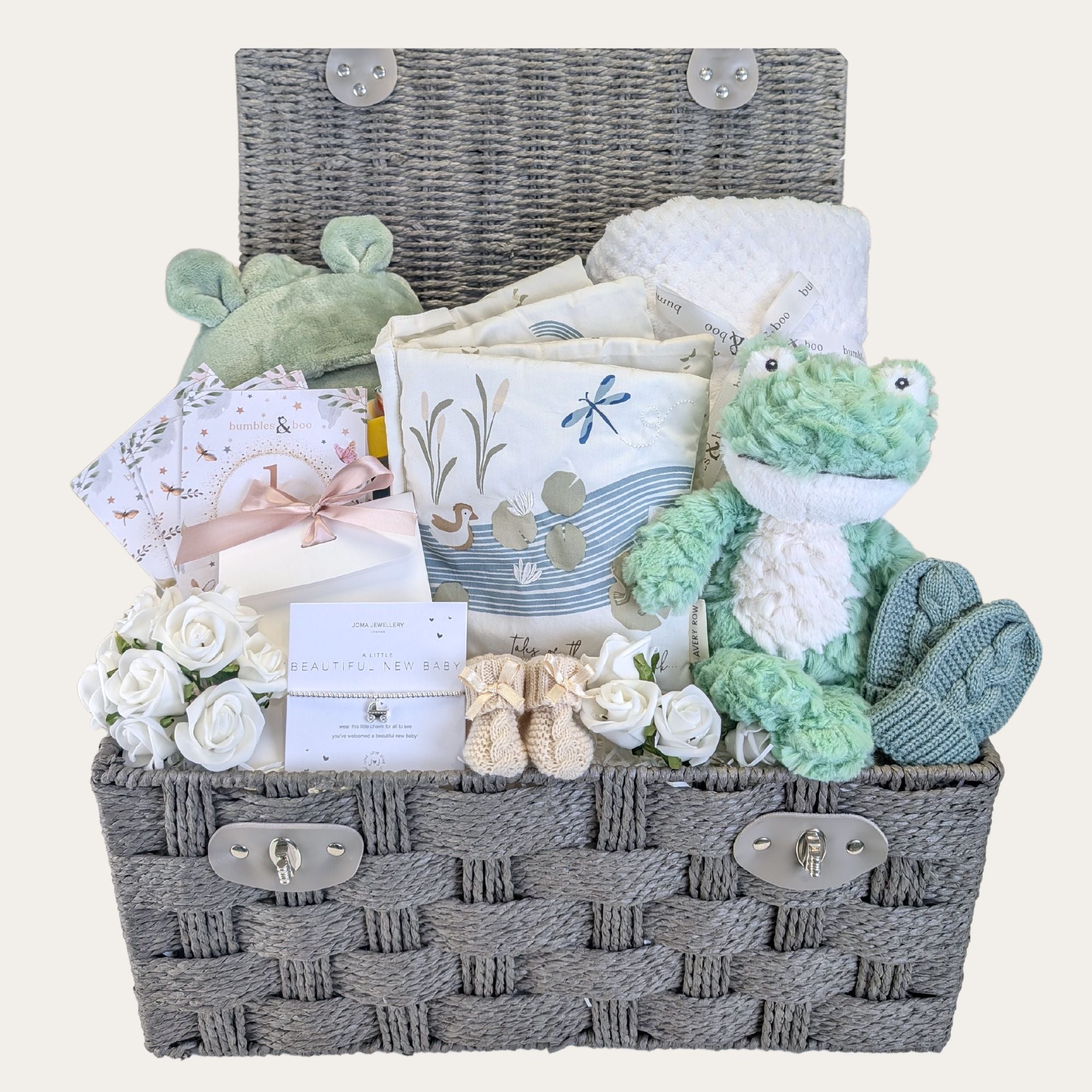 Baby shower gifts hamper basket for mum and baby with frog soft toy, green dressing gown, baby blanket and a bracelet for mum.