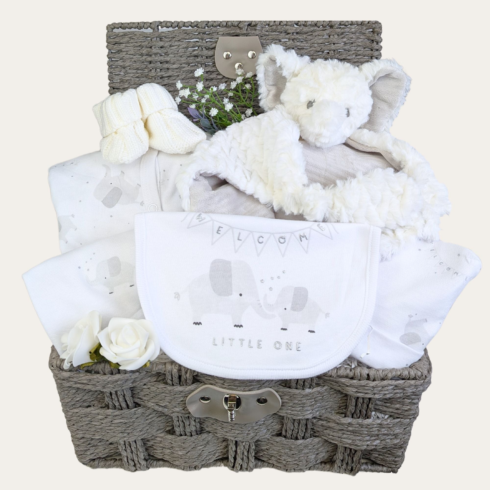 baby gifts basket with elephant baby comforter soft toy baby clothing set bumbles and boo