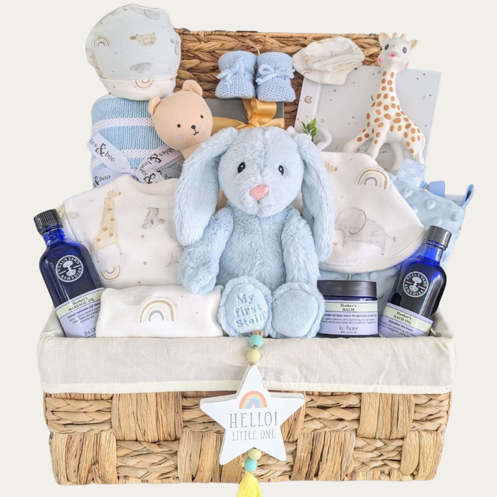 New baby boy hamper basket with gifts for mum and baby, including pale blue soft bunny toy.