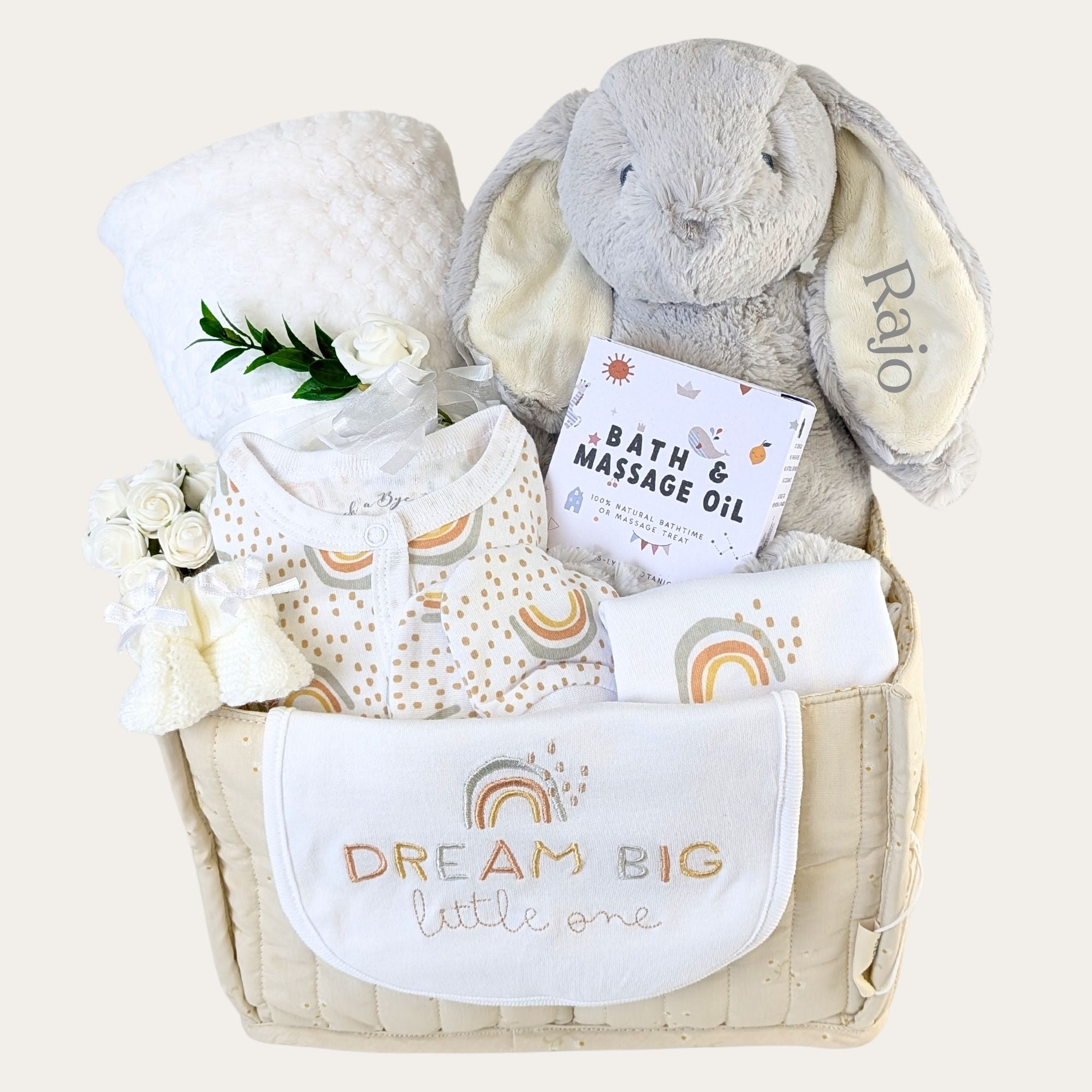 New baby gifts hamper with personalised bunny baby blanket and baby clothing set bumbles and boo