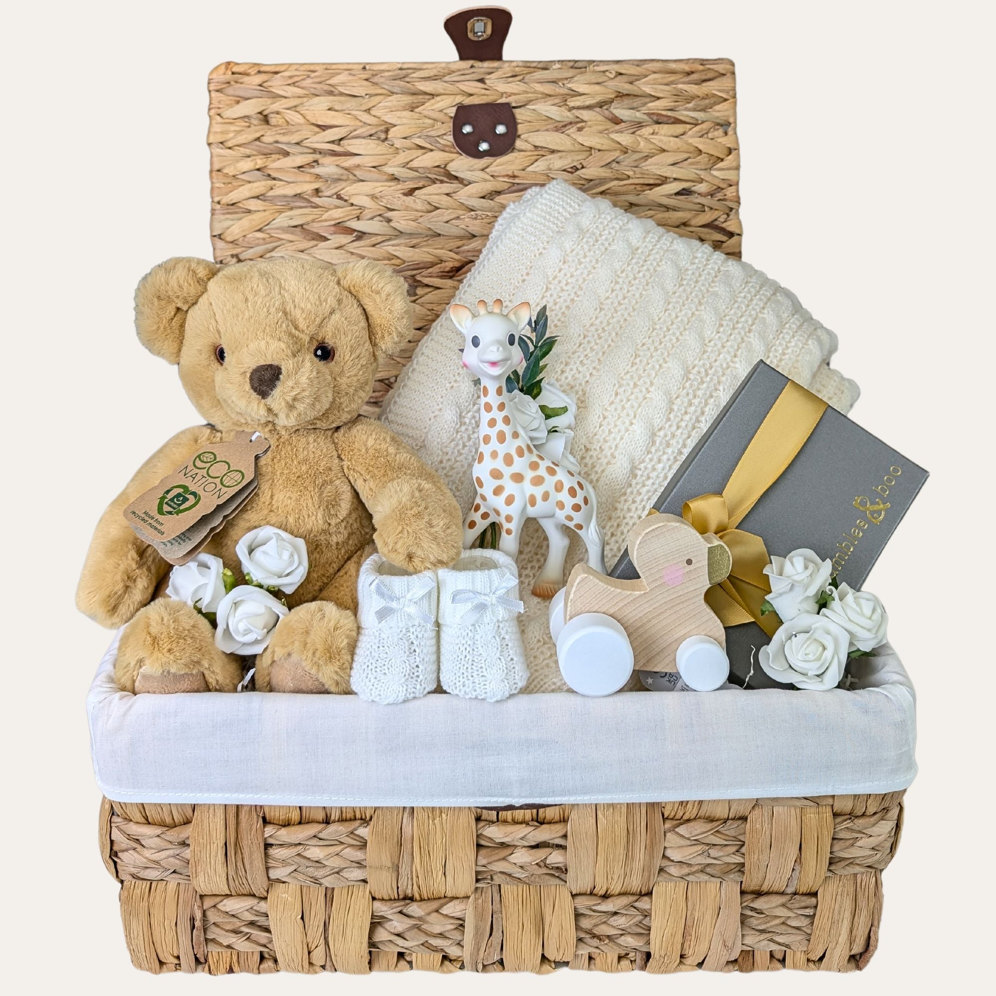 baby gifts hamper with teddy bear, baby blanket, wooden toy and sophie giraffe teething toy plus chocolates for the new parents