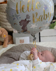 baby gifts hamper hello baby with balloon, bunny and milestone cards.